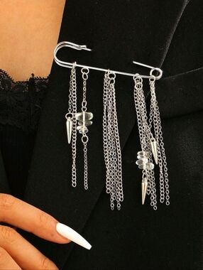 Silver Safety Pin Chain Drop Brooch - Women Jewelry